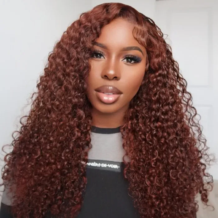 #33 Auburn Colored Wig 13x4/5x5 HD Lace Front Closure Human Hair Wigs Jerry Curly Frontal Wigs 250% Density - Image 5