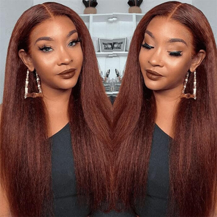 #33 Reddish Brown Kinky Straight Wig Autumn Color Glueless HD Lace Front Human Hair Wigs - Image 3