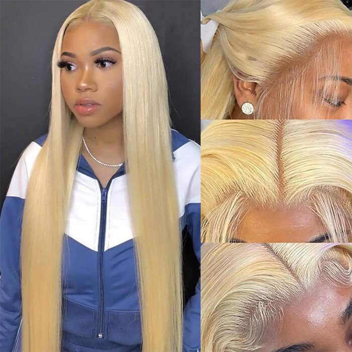 613 Blonde Color 13*6 HD Lace Frontal Silk Straight  Human Hair Wigs 180% Density - Image 3
