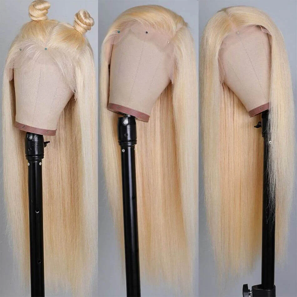613 Blonde Color 13*6 HD Lace Frontal Silk Straight  Human Hair Wigs 180% Density - Image 4