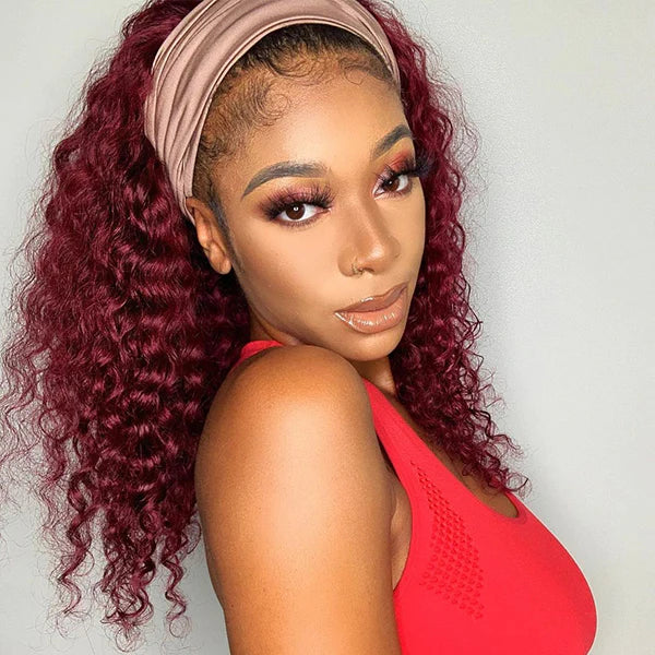 99J Burgundy Color Headband Wigs Deep Wave Human Hair - Image 3