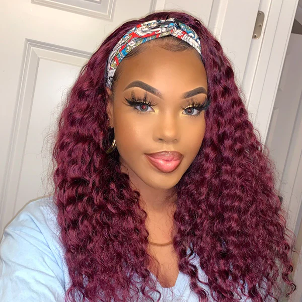 99J Burgundy Color Headband Wigs Deep Wave Human Hair - Image 5
