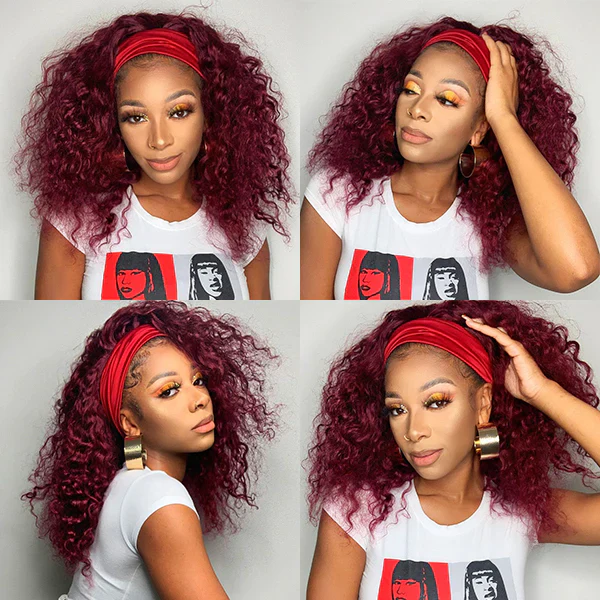 99J Burgundy Color Headband Wigs Deep Wave Human Hair - Image 6