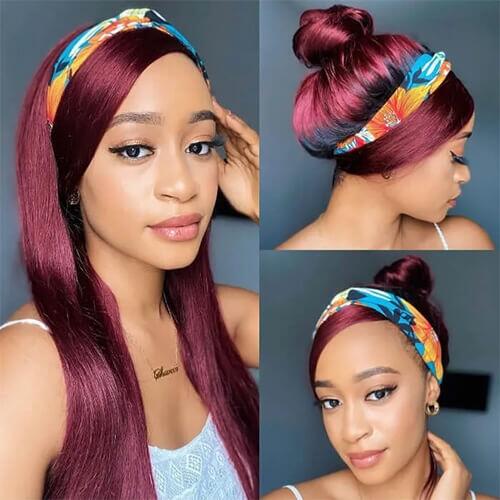 99J Burgundy Color Headband Wigs Straight Human Hair - Image 3