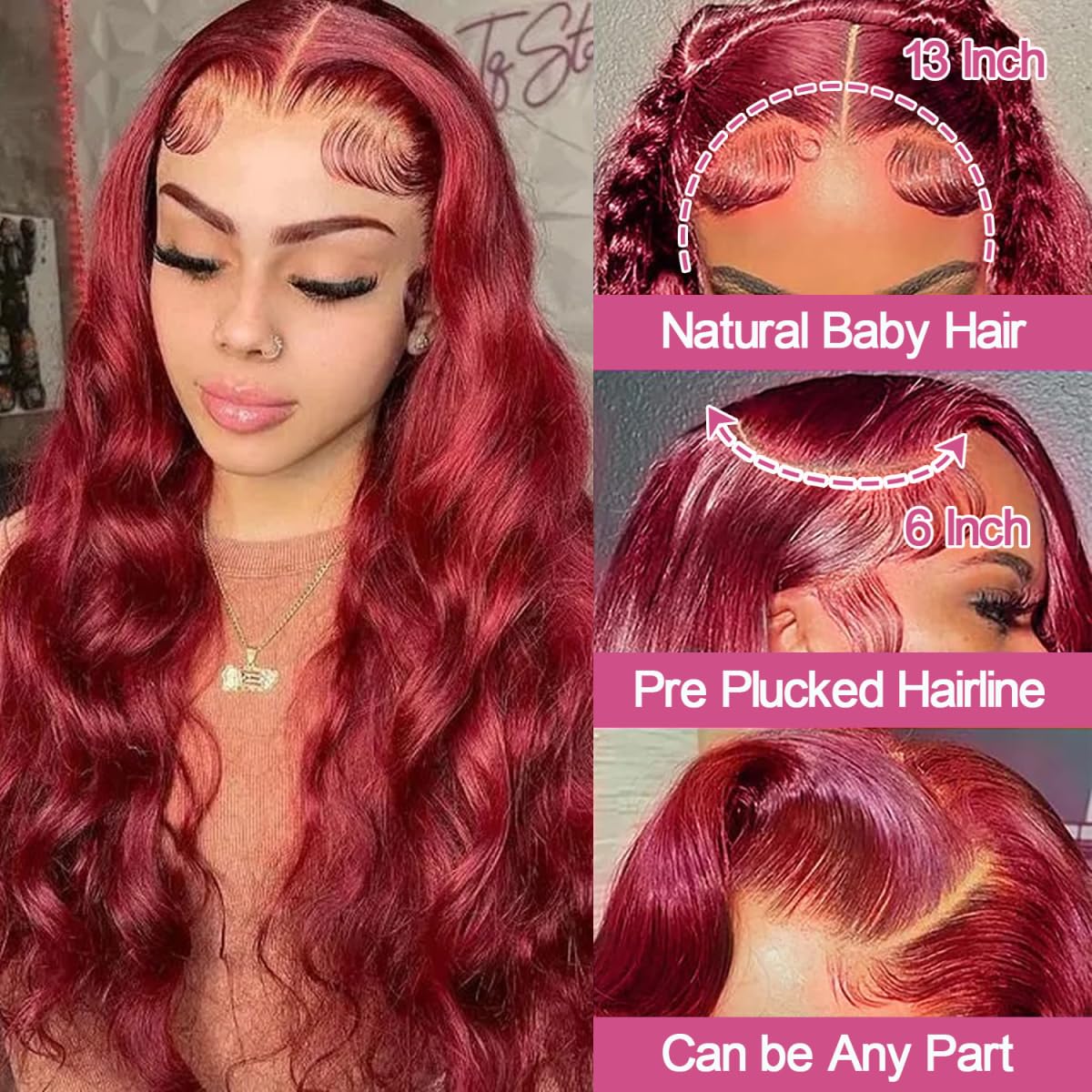 Pizazz 99J Burgundy 13x6 HD Lace Front Wig | 28 Inch 250% Density Brazilian Virgin Body Wave Human Hair - Image 6