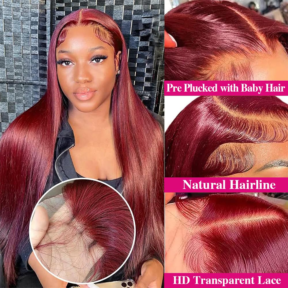 Pizazz 13x6 HD Lace 99J Burgundy Straight Human Hair Wig Pre Plucked Glueless 30 Inch - Image 5