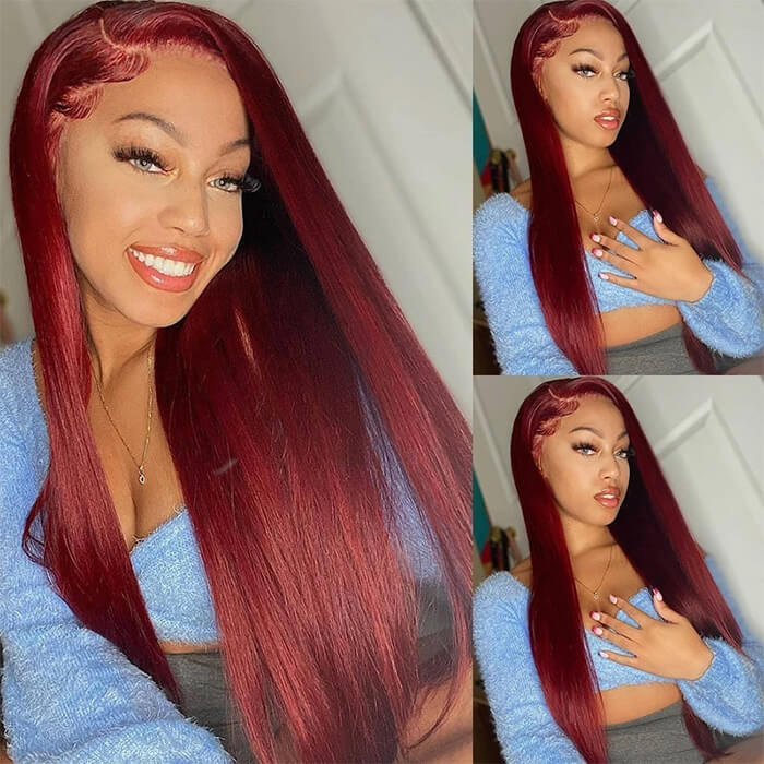 Pizazz 13x6 HD Lace 99J Burgundy Straight Human Hair Wig Pre Plucked Glueless 30 Inch - Image 8