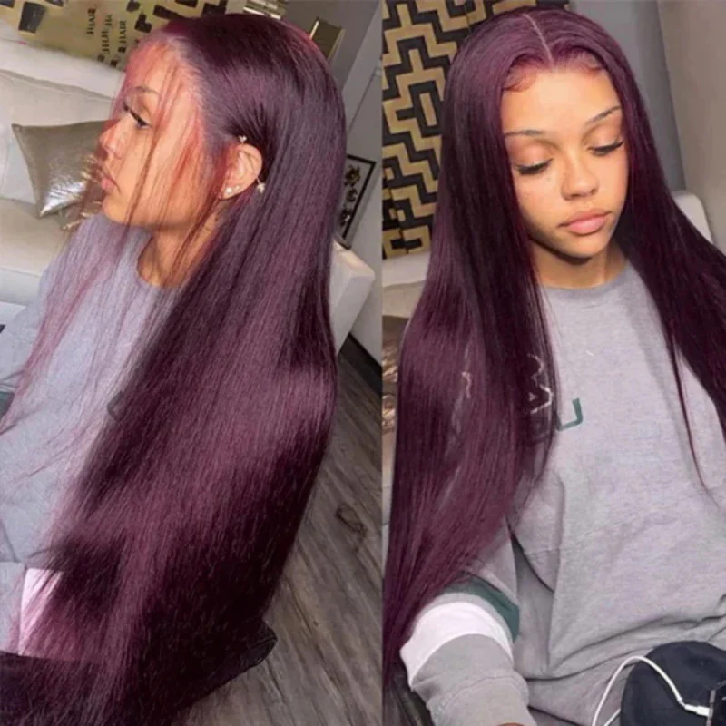 Black Cherry Dark Purple Sugar Plum  Straight 13x6 HD Lace Front Wigs Human Hair Wigs - Image 3