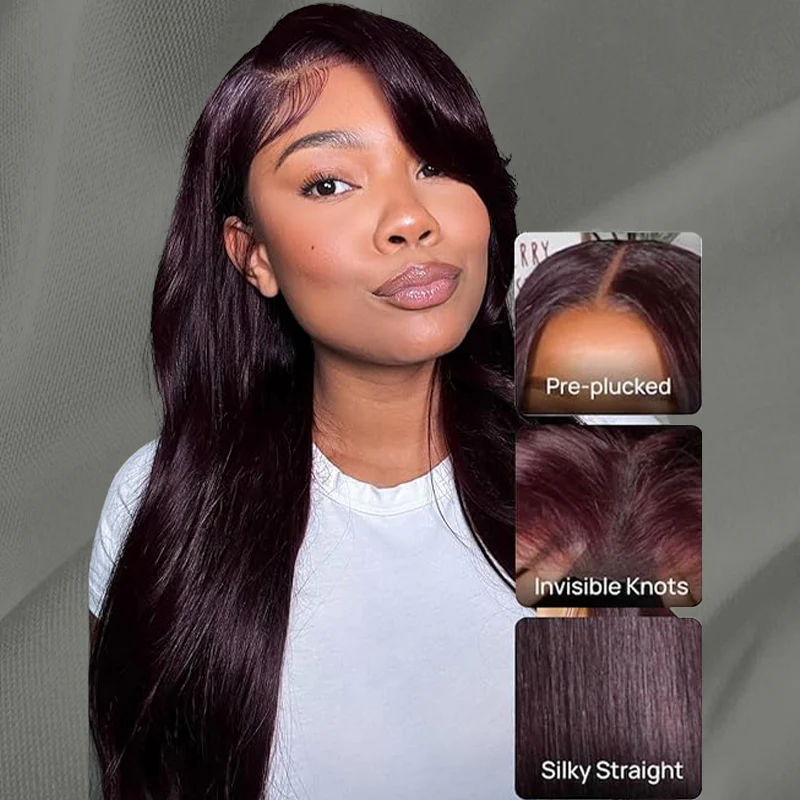 Black Cherry Dark Purple Sugar Plum  Straight 13x6 HD Lace Front Wigs Human Hair Wigs - Image 4