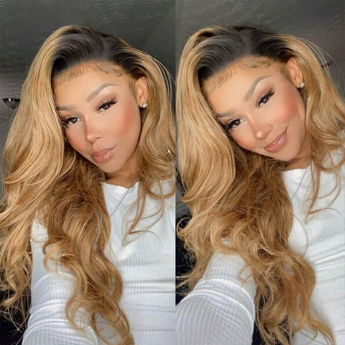 Honey Blonde Lace Front Wigs With Black Root 13x4 HD Lace Ombre Wig T1B/27 Color 180% Density - Image 5