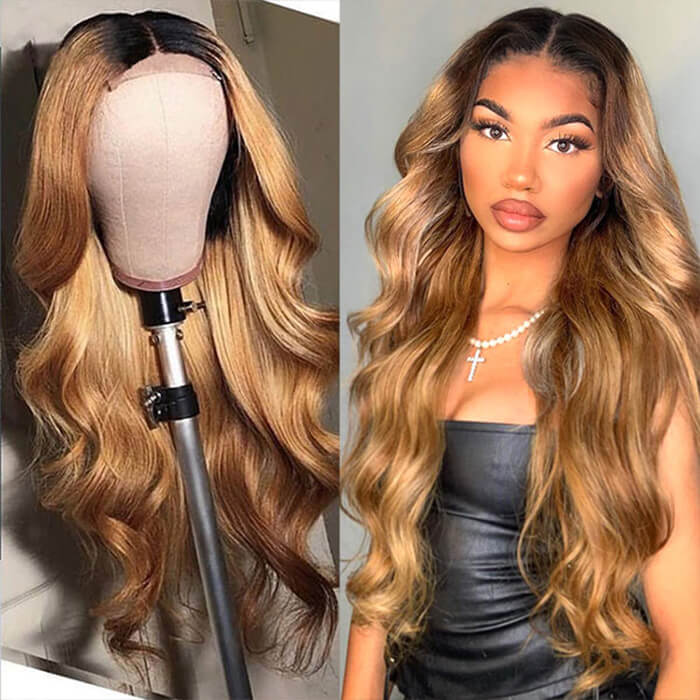 Honey Blonde Lace Front Wigs With Black Root 13x4 HD Lace Ombre Wig T1B/27 Color 180% Density - Image 7