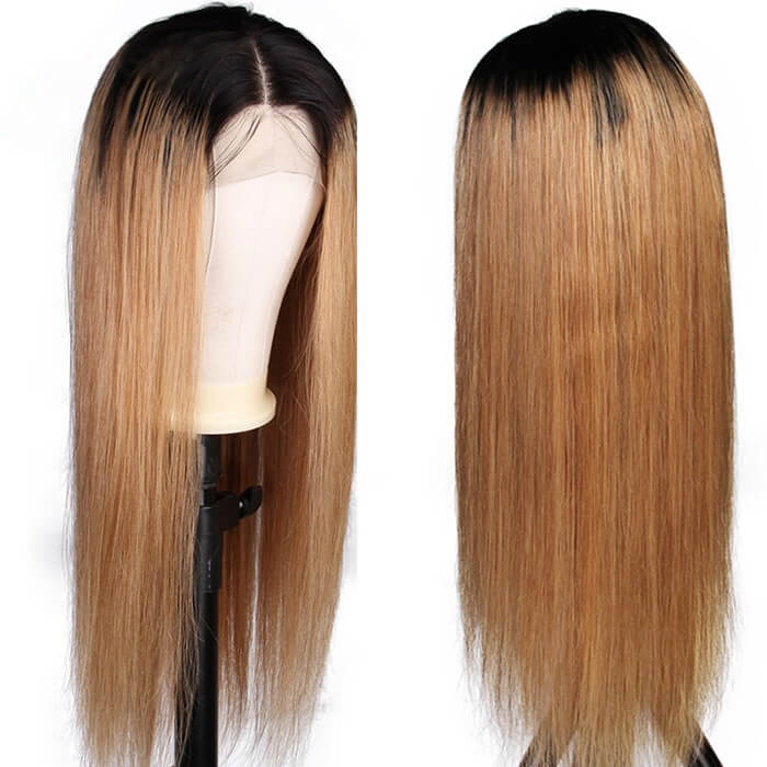 Honey Blonde Lace Front Wigs With Black Root 13x4 HD Lace Ombre Wig T1B/27 Color 180% Density - Image 8