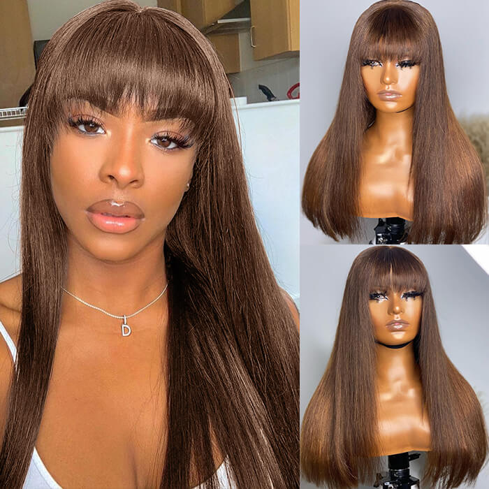Brown Colored Straight Human Hair Wigs With Bang 13x4/4x4 Lace Wig/Full Machinemade Wig Available - Image 4
