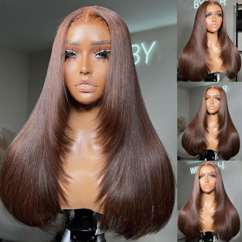 Pizazz Hair Layered Cut #4 Dark Brown Straight 8X5 Glueless With Pre-plucked Hairline Human Hair Wigs - Image 3