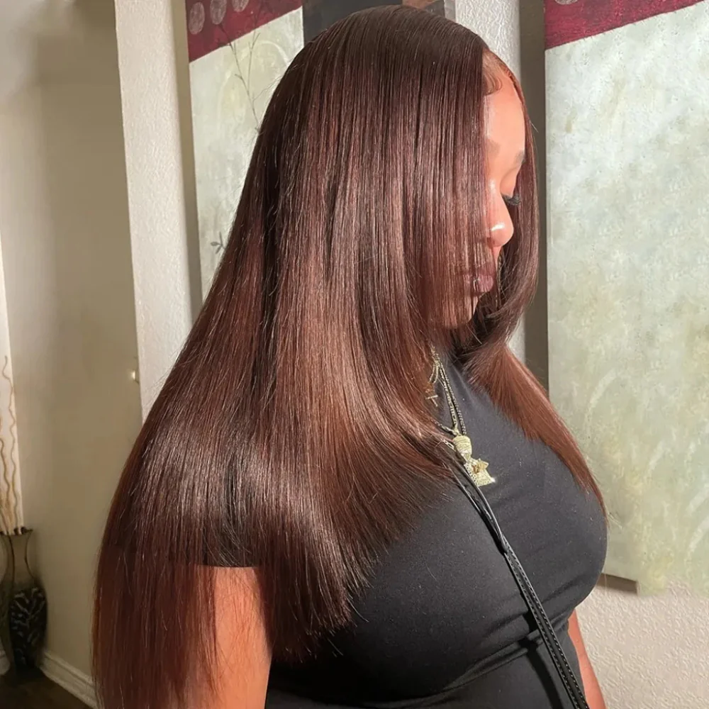 Pizazz Hair Layered Cut #4 Dark Brown Straight 8X5 Glueless With Pre-plucked Hairline Human Hair Wigs - Image 7