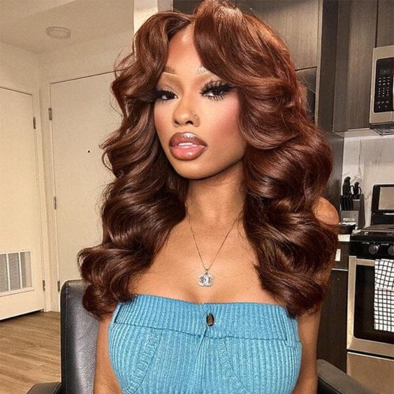 Pizazz New Chocolate Brown Wig Body Wave 13x6 Full Lace Drawstring Wig Pre Plucked Natural Hairline 250% Density - Image 8