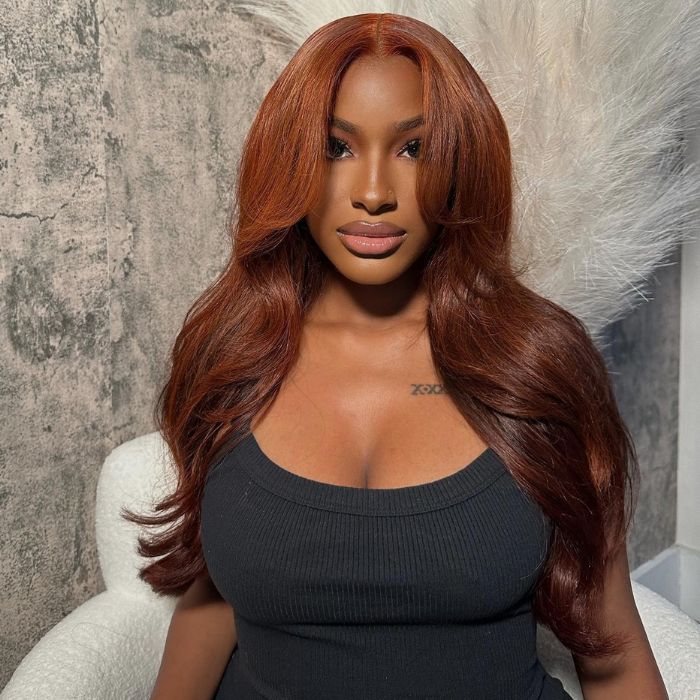Pizazz Reddish Brown Curtain Bangs Glueless HD Lace Wig Straight  8x5  Wear Go Human Hair Wigs - Image 3