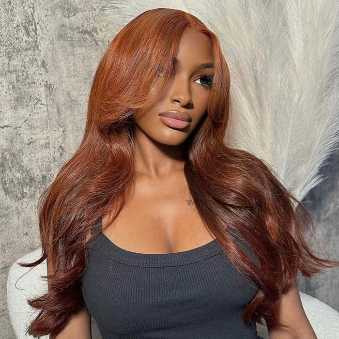 Pizazz Reddish Brown Curtain Bangs Glueless HD Lace Wig Straight  8x5  Wear Go Human Hair Wigs - Image 5