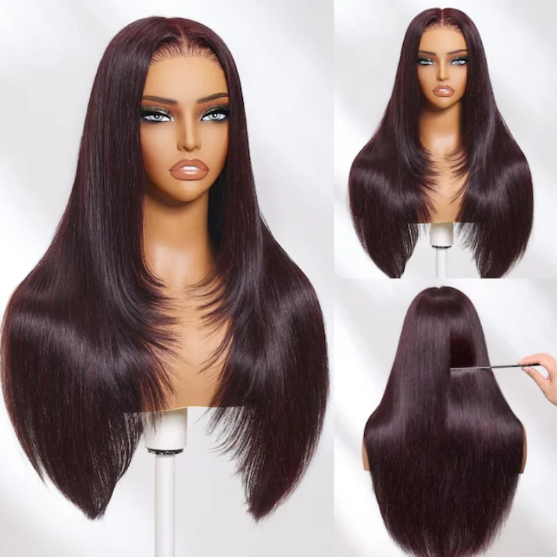 Pizazz Hair Black Cherry Layered Cut  8x5 Glueless Wig Straight Human Hair Wigs 250% Density - Image 4