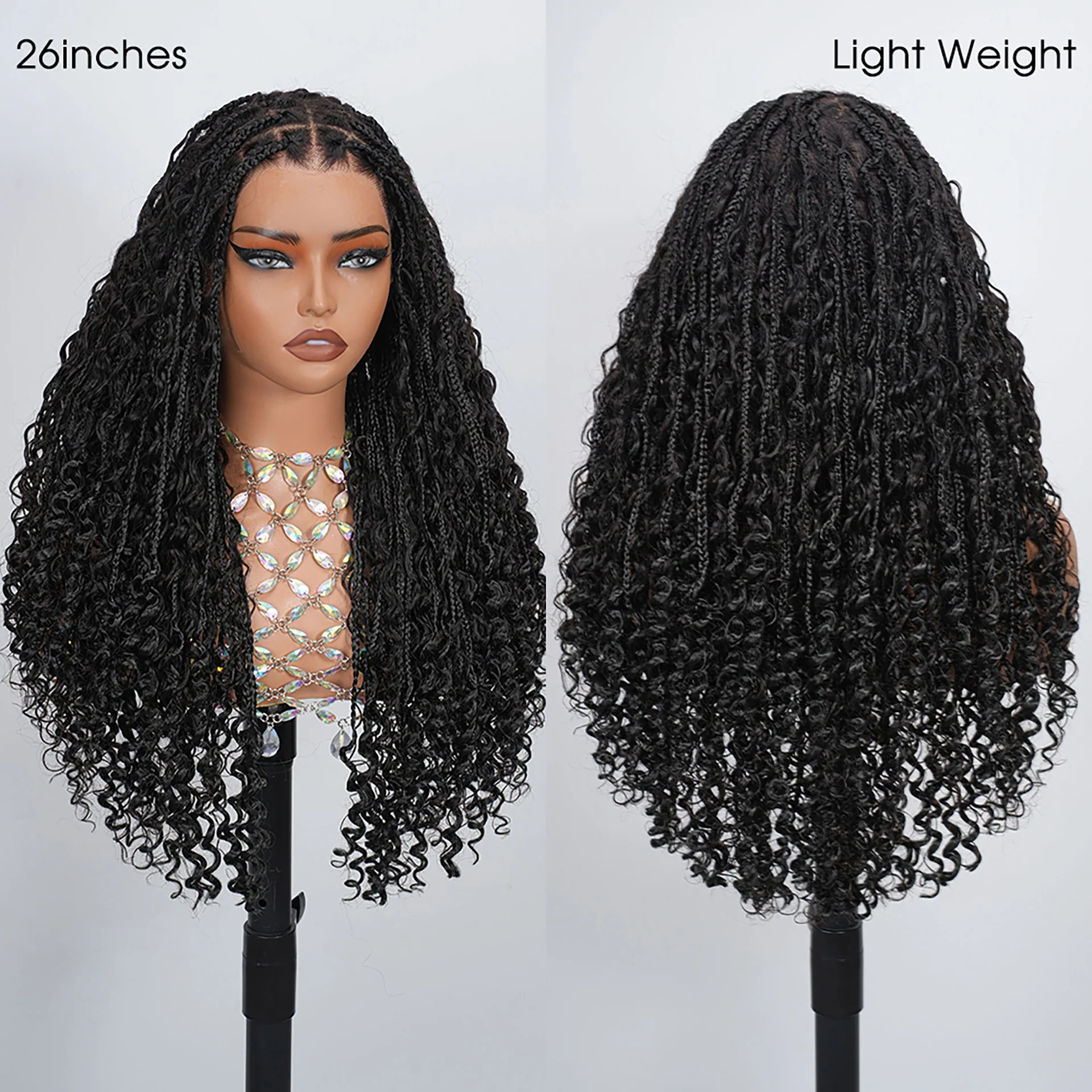 Full Lace Boho Braided Wigs Human Hair Blended Synthetic Braids Flexi-Fit Invisi Drawstring Cap Bohemia Pre Cut Lace Plucked Natural Scalp 26 Inches - Image 3