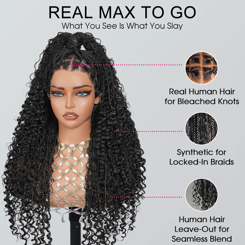 Full Lace Boho Braided Wigs Human Hair Blended Synthetic Braids Flexi-Fit Invisi Drawstring Cap Bohemia Pre Cut Lace Plucked Natural Scalp 26 Inches - Image 4