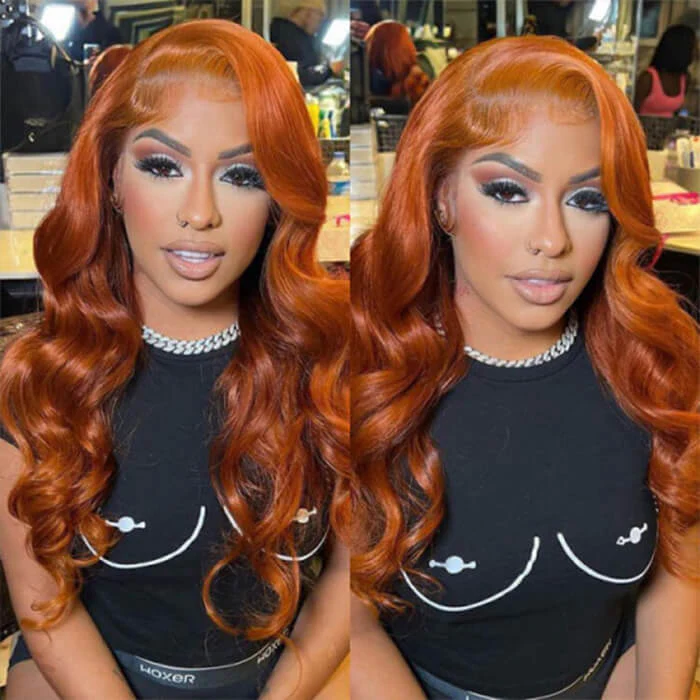 Pizazz Hair Orange Ginger Ombre Glueless Wig 13x4 Lace Front Wigs Body Wave HD Lace Human Wigs Pre Plucked 220% Density - Image 3