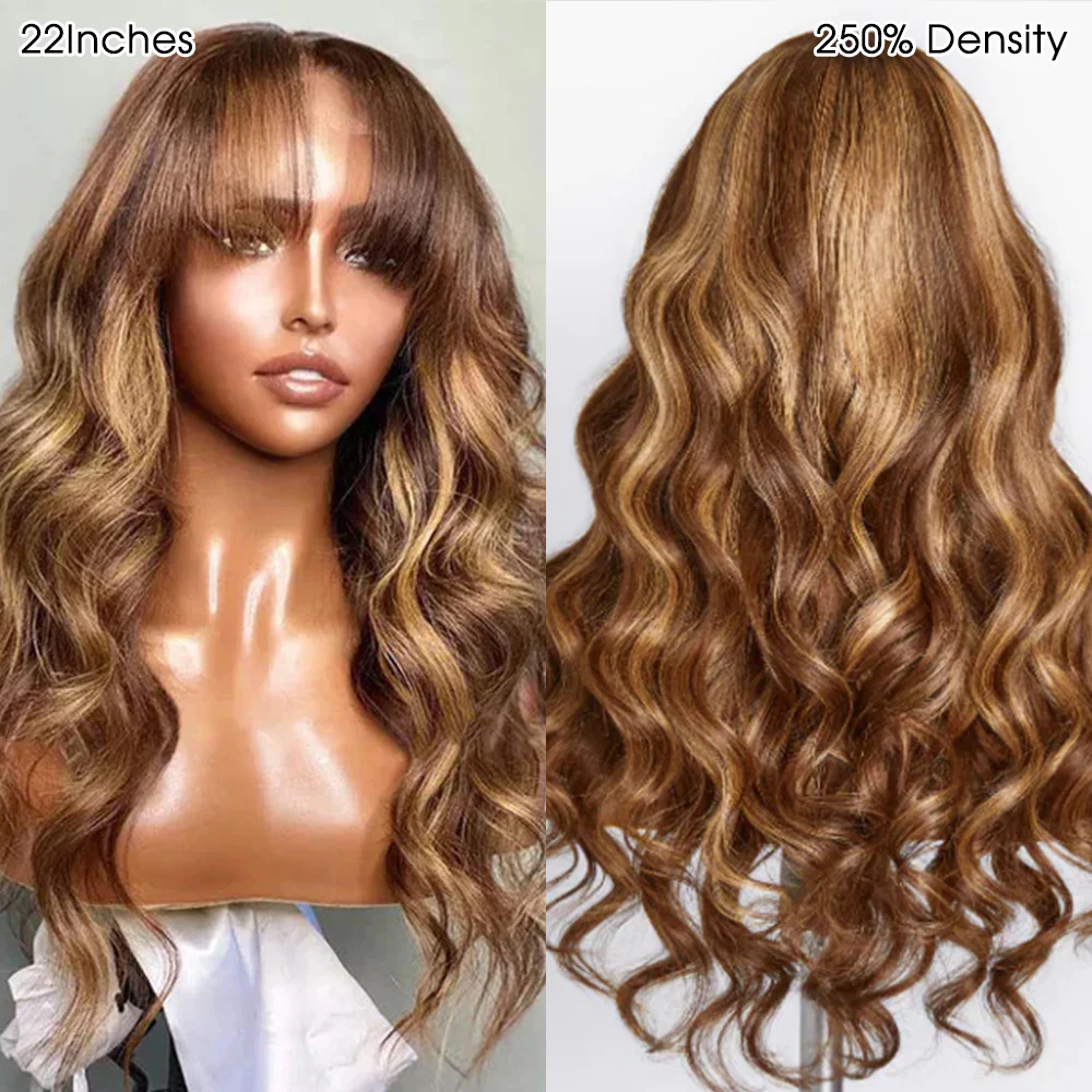 Curtain Bangs 4/27 Honey Blonde Ombre Highlight Body Wave Wig | 13x6 Deep Part Glueless HD Lace Frontal Human Hair - Image 3