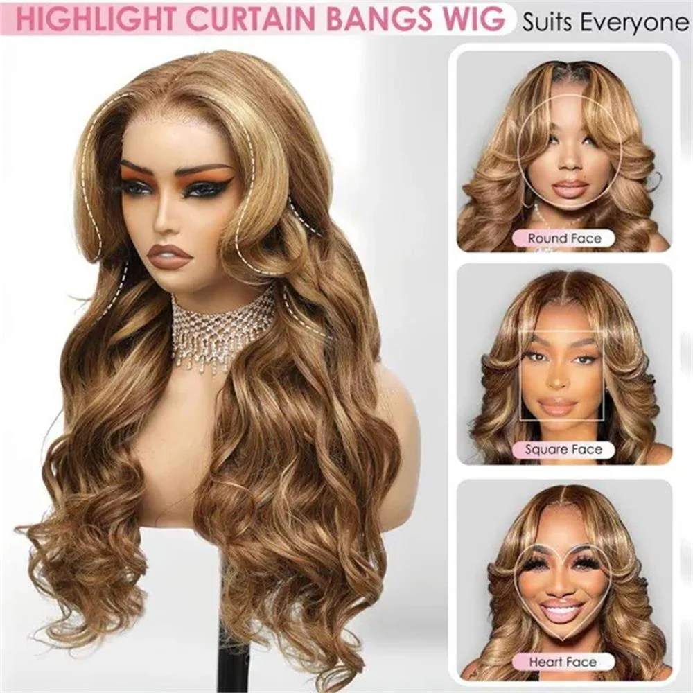 Curtain Bangs 4/27 Honey Blonde Ombre Highlight Body Wave Wig | 13x6 Deep Part Glueless HD Lace Frontal Human Hair - Image 5