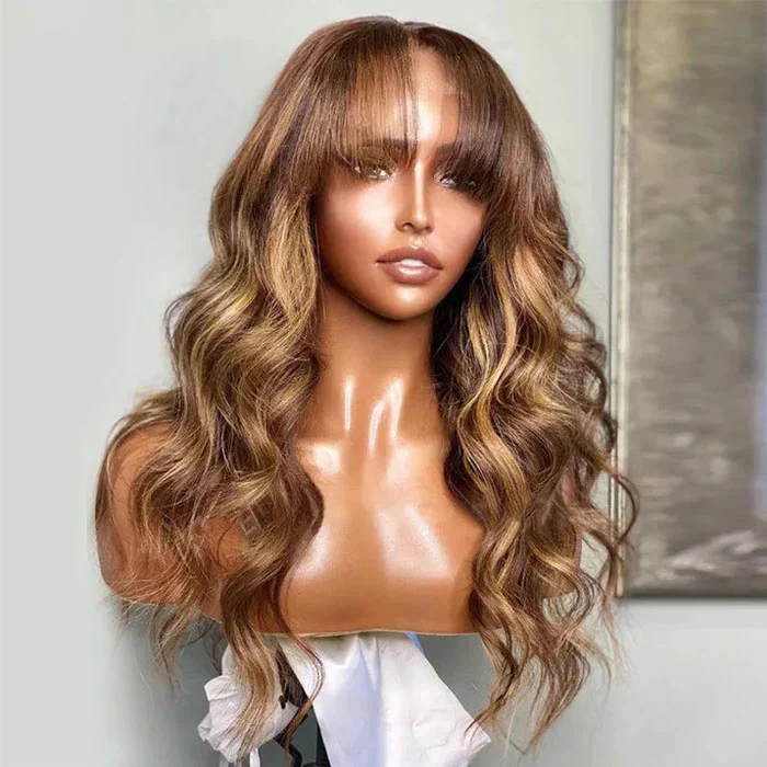 Curtain Bangs 4/27 Honey Blonde Ombre Highlight Body Wave Wig | 13x6 Deep Part Glueless HD Lace Frontal Human Hair - Image 6