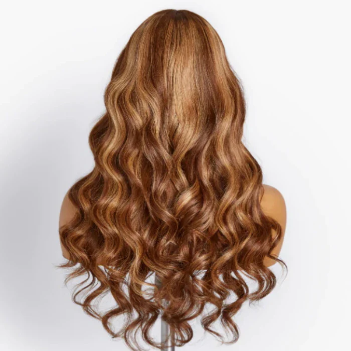 Curtain Bangs 4/27 Honey Blonde Ombre Highlight Body Wave Wig | 13x6 Deep Part Glueless HD Lace Frontal Human Hair - Image 7