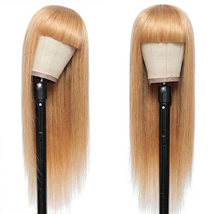 Honey Blond Human Hair Wigs with Bangs Brazilian Straight Virgin Hair Gold Wig - Image 3