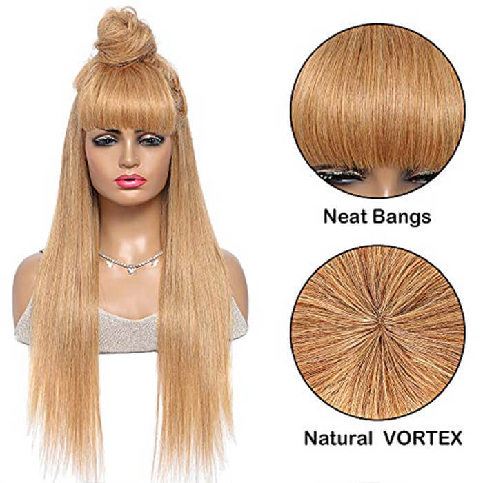 Honey Blond Human Hair Wigs with Bangs Brazilian Straight Virgin Hair Gold Wig - Image 4