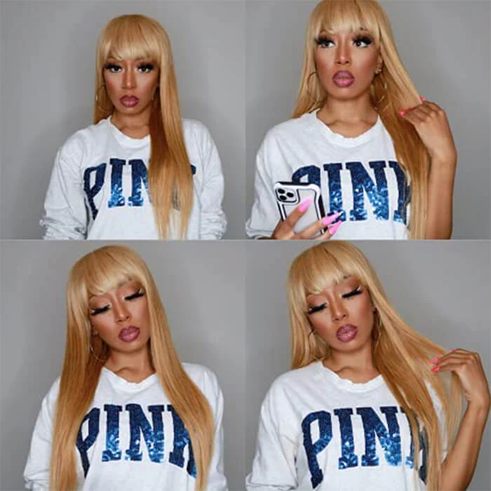 Honey Blond Human Hair Wigs with Bangs Brazilian Straight Virgin Hair Gold Wig - Image 6
