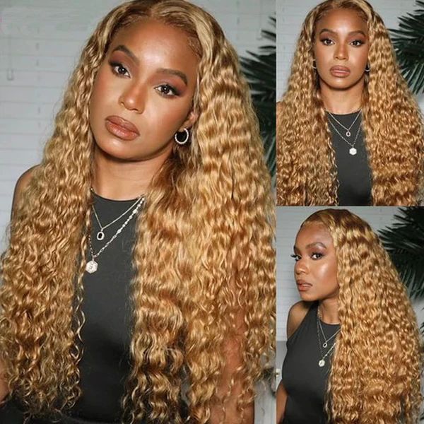 Beyonce Hair Honey Blonde Lace Front Wig #27 Color Deep Wave Human Hair Wigs 180% Density - Image 3