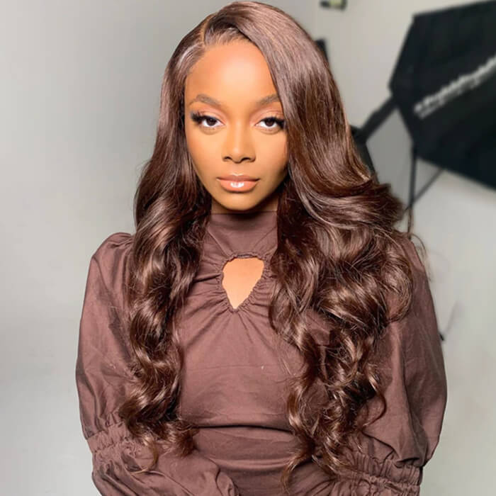 Pizazz New Chocolate Brown Wig Body Wave 13x6 Full Lace Drawstring Wig Pre Plucked Natural Hairline 250% Density - Image 10