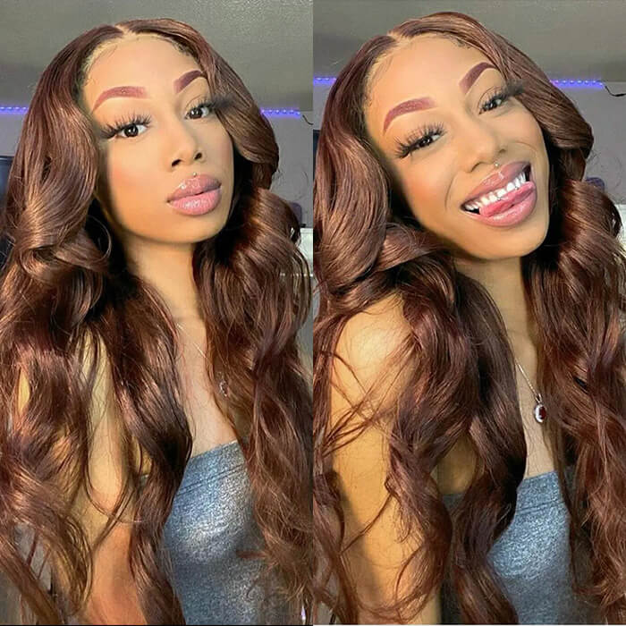 Pizazz New Chocolate Brown Wig Body Wave 13x6 Full Lace Drawstring Wig Pre Plucked Natural Hairline 250% Density - Image 13