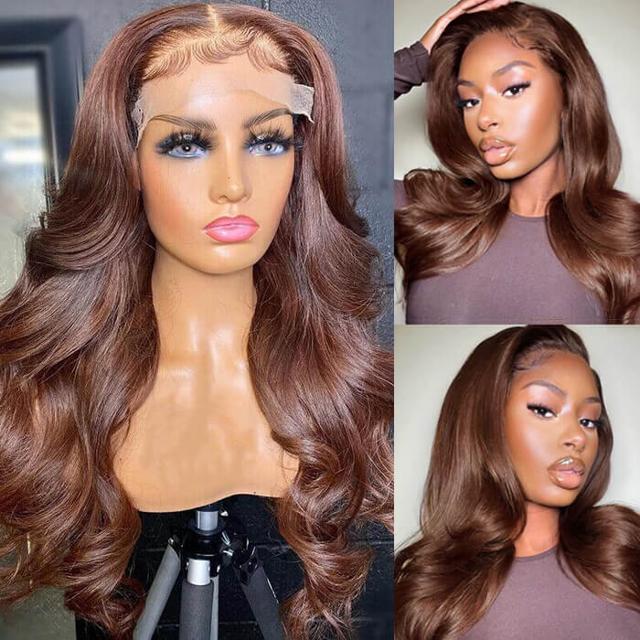 Pizazz New Chocolate Brown Wig Body Wave 13x6 Full Lace Drawstring Wig Pre Plucked Natural Hairline 250% Density - Image 6