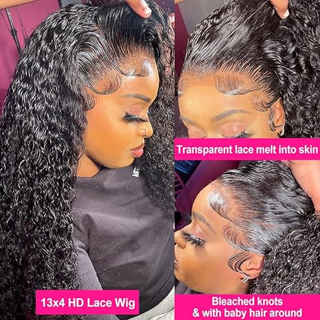 Pizazz 13x4 HD Transparent Lace Front Wigs Human Hair Pre plucked Bleached Knots with Baby Hair 12A 180 Density Brazilian Deep Wave Frontal Wigs for Black Women(26 Inch, Black color) - Image 4