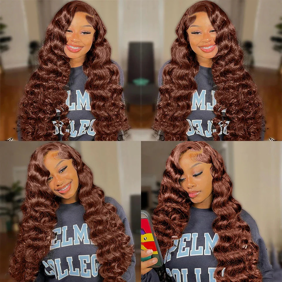 Pizazz 4# Chocolate Brown Loose Deep Wave 13x4  Lace Frontal Wig Wand Curls Human Hair Wigs 250% Density - Image 4