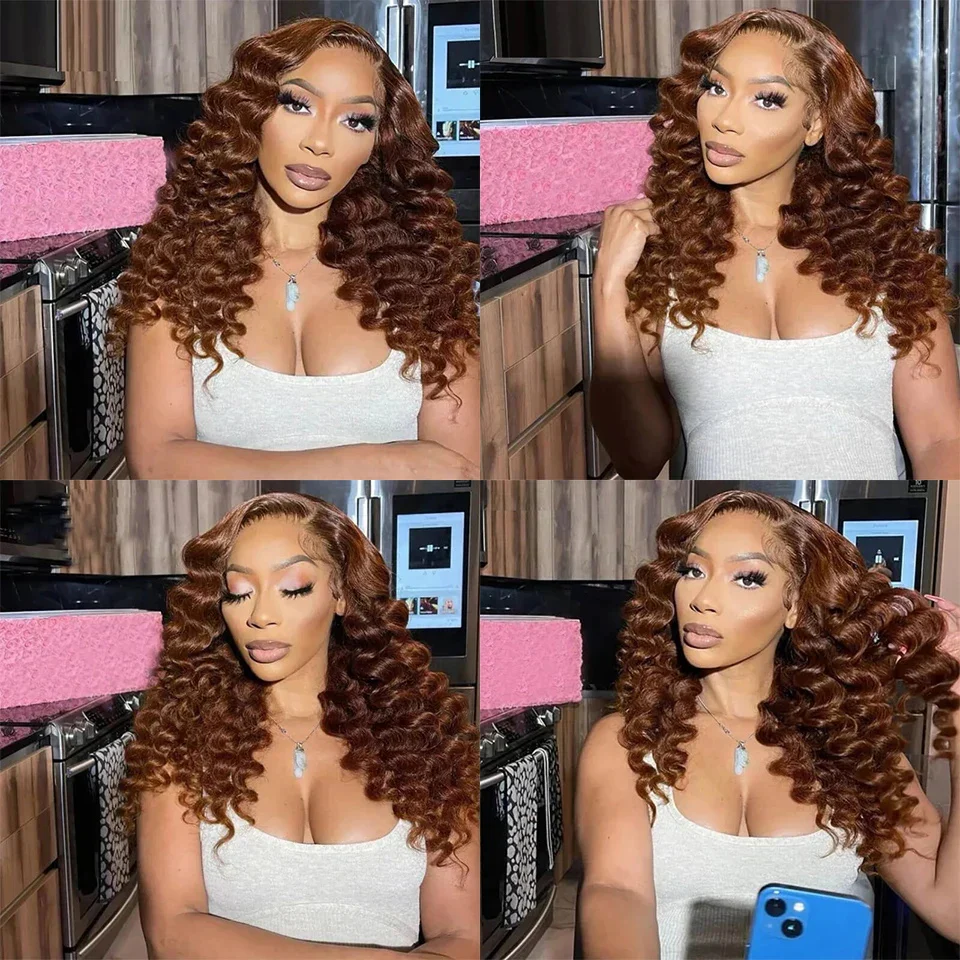 Pizazz 4# Chocolate Brown Loose Deep Wave 13x4  Lace Frontal Wig Wand Curls Human Hair Wigs 250% Density - Image 6