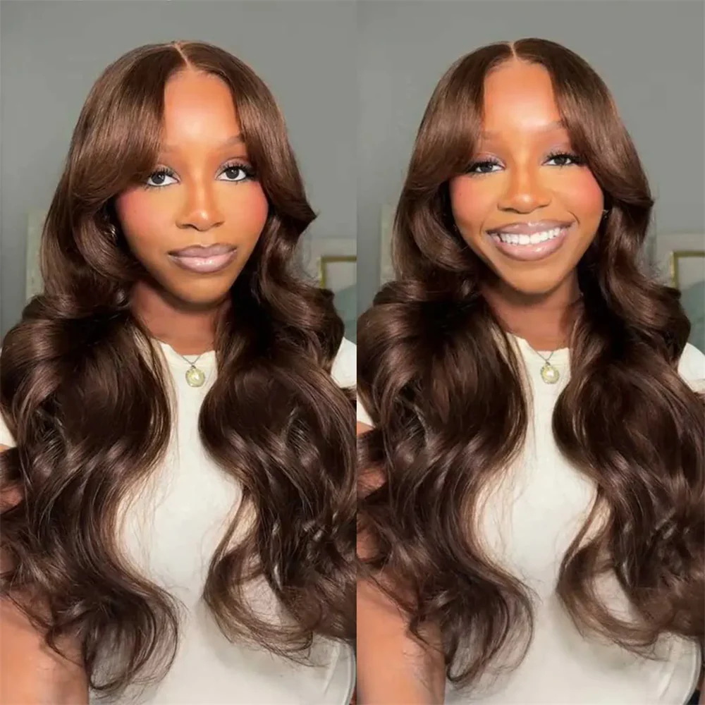 Pizazz Hair Chocolate Brown Body Wave Curtain Bangs Wig | 13x6 Deep Part Glueless Pre-Cut HD Lace Wear & Go - Image 3