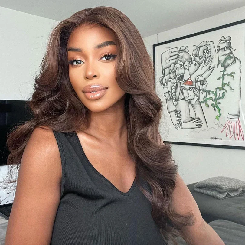 Pizazz Hair Chocolate Brown Body Wave Curtain Bangs Wig | 13x6 Deep Part Glueless Pre-Cut HD Lace Wear & Go - Image 5