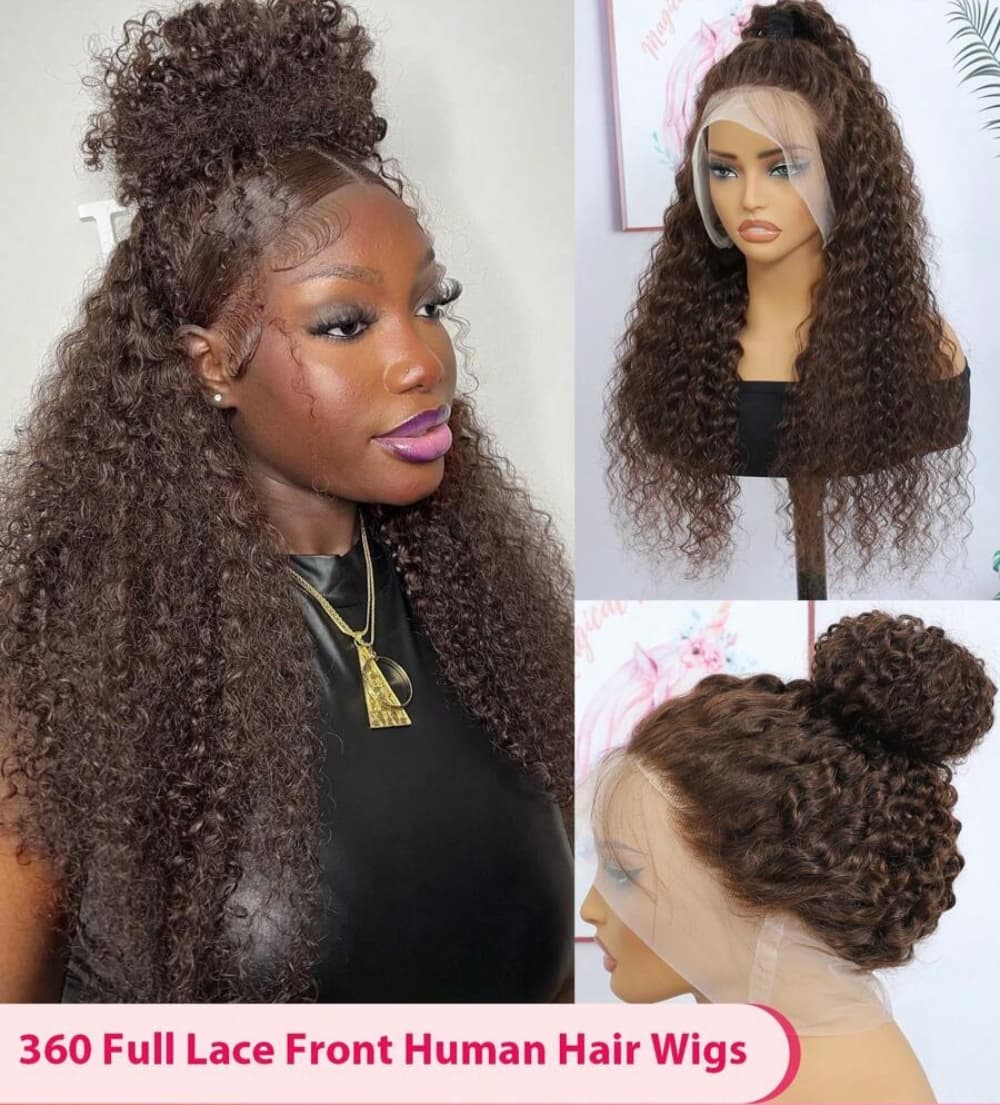 Pizazz Hair Chocolate Brown Water Wave Fit 360 Melting Lace Frontal with Drawstring Glueless Wigs 100% Human Hair - Image 6