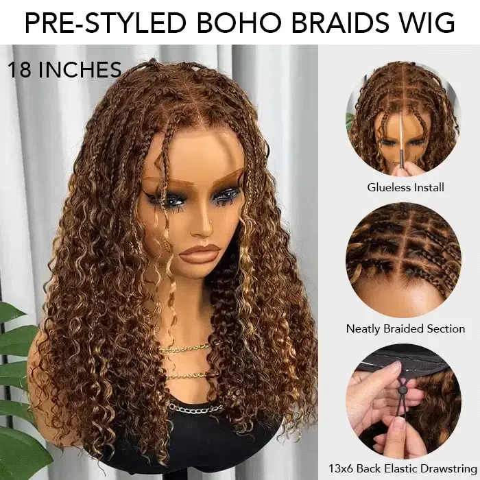 Pizazz Hair Knotless Boho Braids 13x4 HD Lace Frontal Glueless Human Hair Wig For Women - Image 11