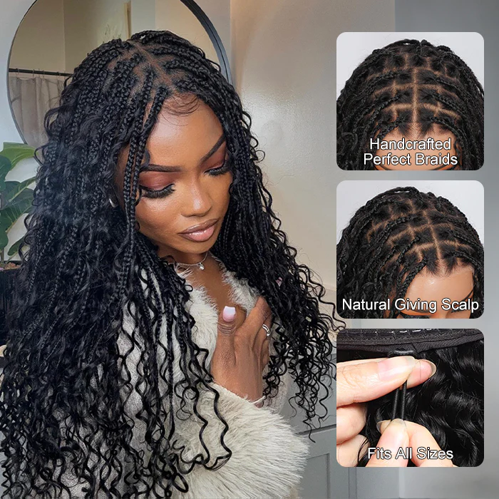 Pizazz Hair Knotless Boho Braids 13x4 HD Lace Frontal Glueless Human Hair Wig For Women - Image 12