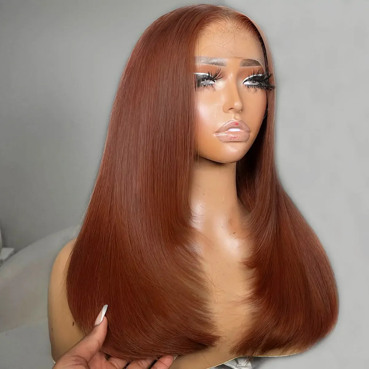 Pizazz Hair Reddish Brown Color #33 Feathered Layered Cut Straight Wigs HD Lace Human Hair Wig - Image 3