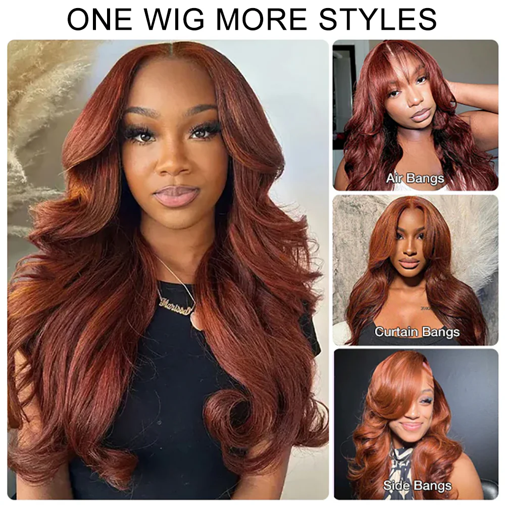 Pizazz Hair Curtain Bangs Reddish Brown Body Wave  HD Lace Frontal Wig  Human Hair Wig - Image 4