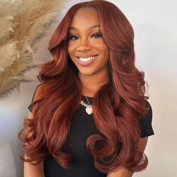 Pizazz Hair Curtain Bangs Reddish Brown Body Wave  HD Lace Frontal Wig  Human Hair Wig - Image 5