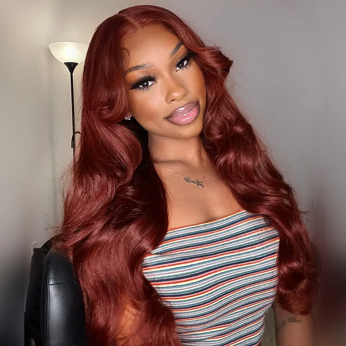 Pizazz Hair Curtain Bangs Reddish Brown Body Wave  HD Lace Frontal Wig  Human Hair Wig - Image 8