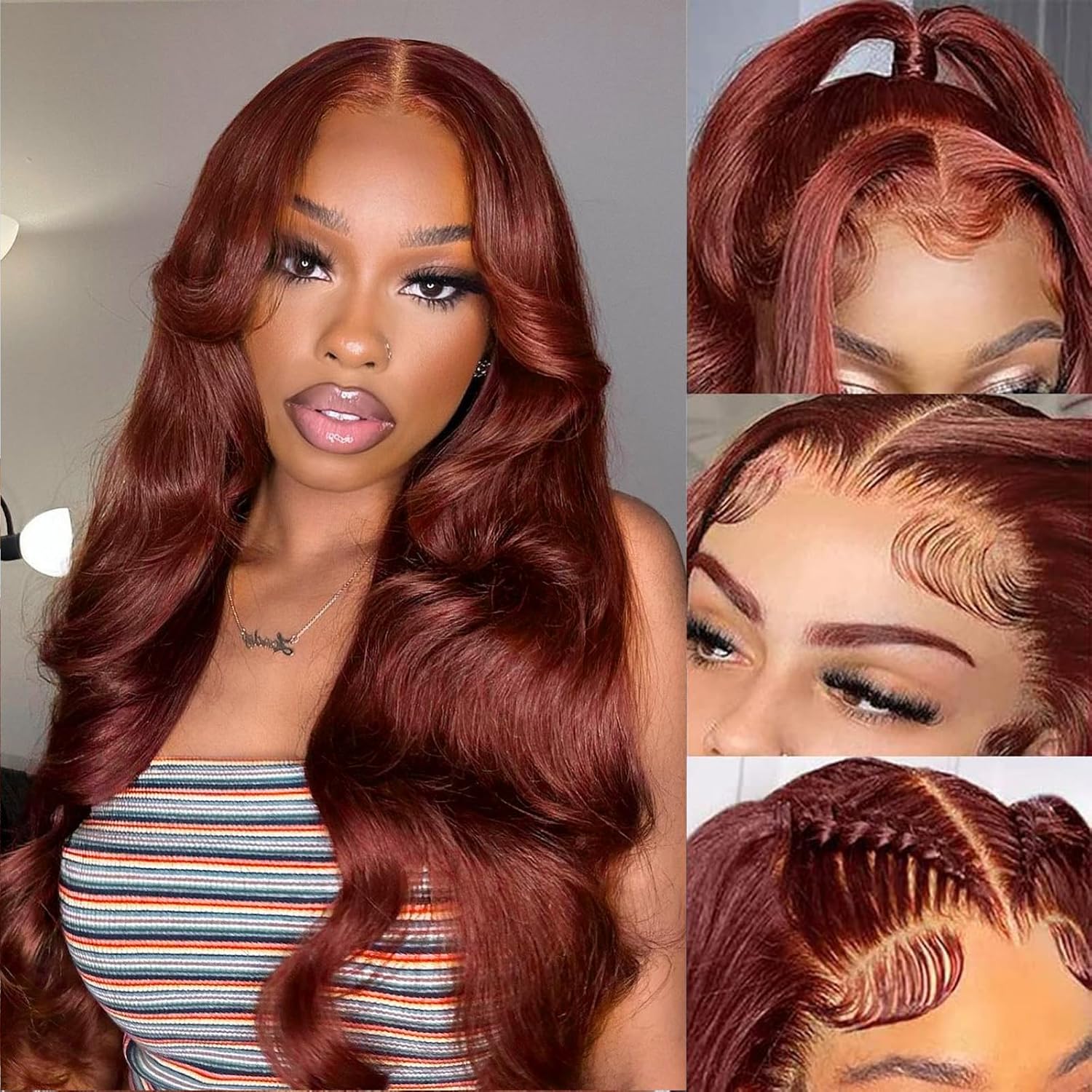 Pizazz 13x6 Full Lace Reddish Brown Human Hair Wigs Body Wave Dark Red Brown Parting Max Wigs Pre Plucked Natural Hairline - Image 3